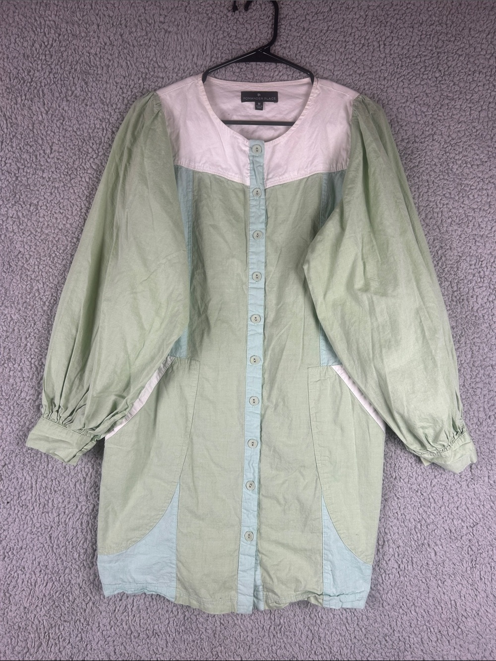 Pomander Place Puff Long Sleeve Button Front Shift Mint Green White Dress Size M - Picture 12 of 16